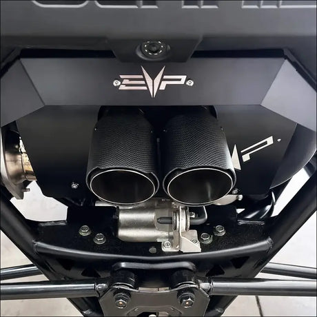 Polaris RZR Pro R Magnum XR Series Twin-Exit Exhaust - Brushed Stainless Finish / Twin Tip / Heatshield w/ Accent